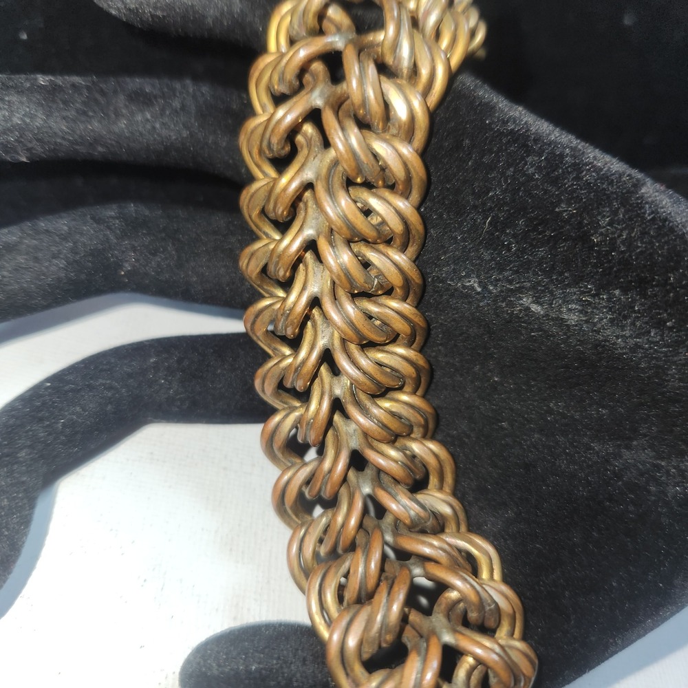 Vintage Brass Tone Double Link Woven Chain Statement Bracelet 7.5 Inch Box Clasp